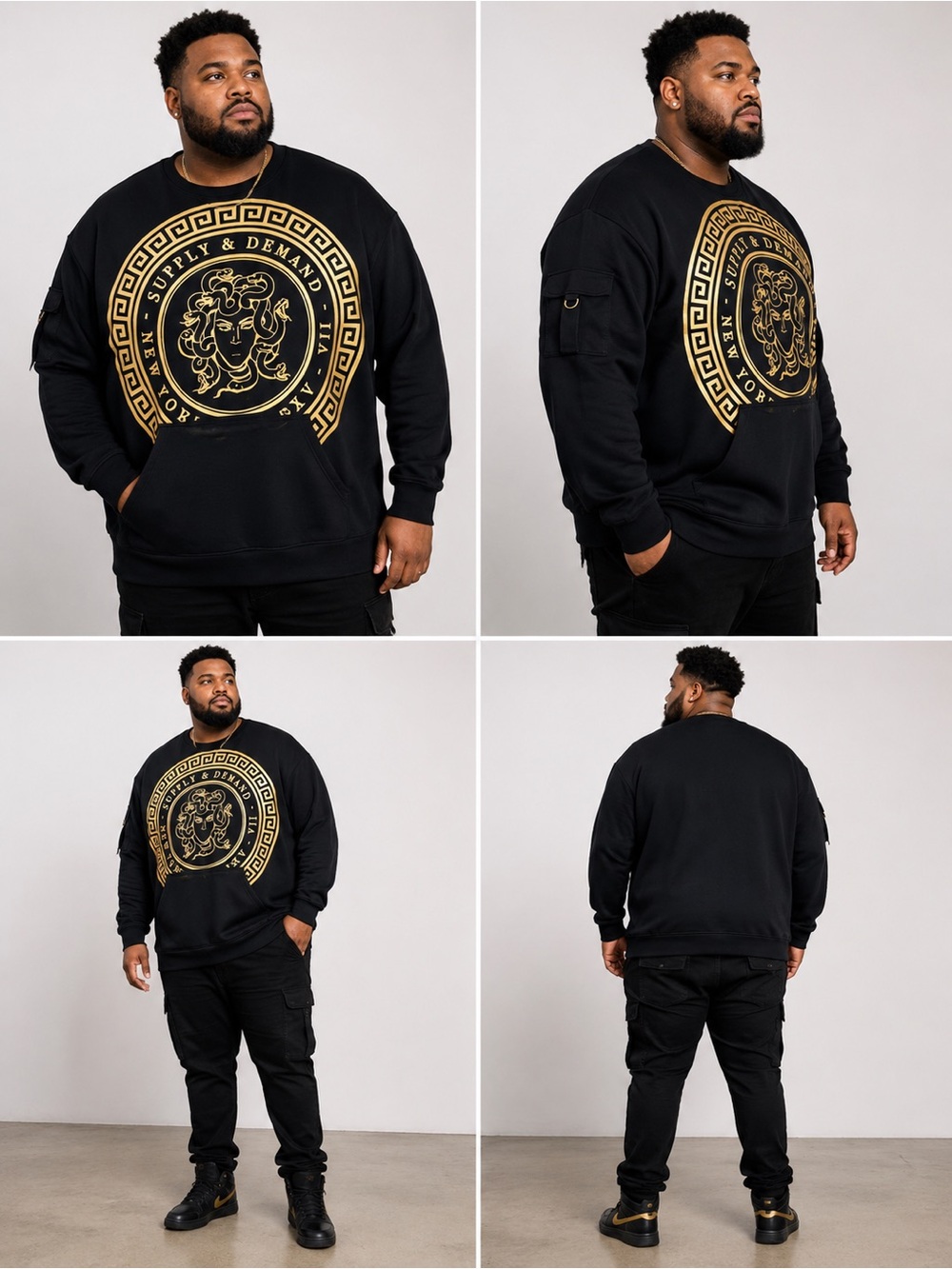 Black Crewneck Sweater with Gold Medallion Graphic